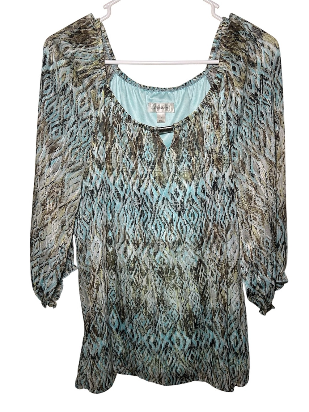 dressbarn Teal and Brown Patterned Blouse Long Sleeve Country Chic Casual Fall